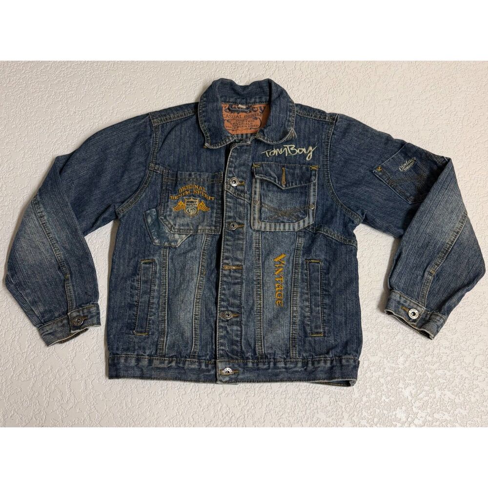 Tony Boy Y2K Style Embroidered Denim Jacket Kids Size 10 Distressed